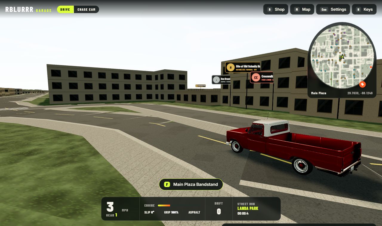 The truck driving in downtown New Braunfels in the game