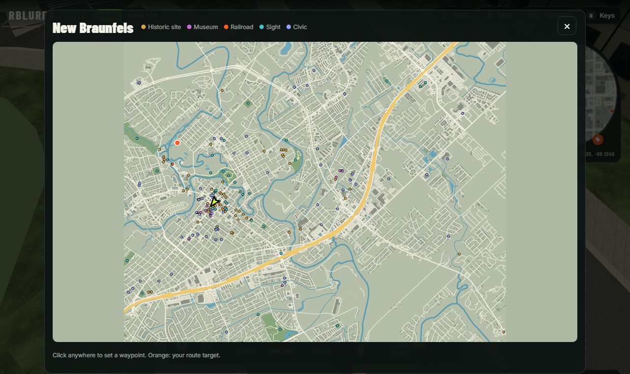 The full map of New Braunfels in the game